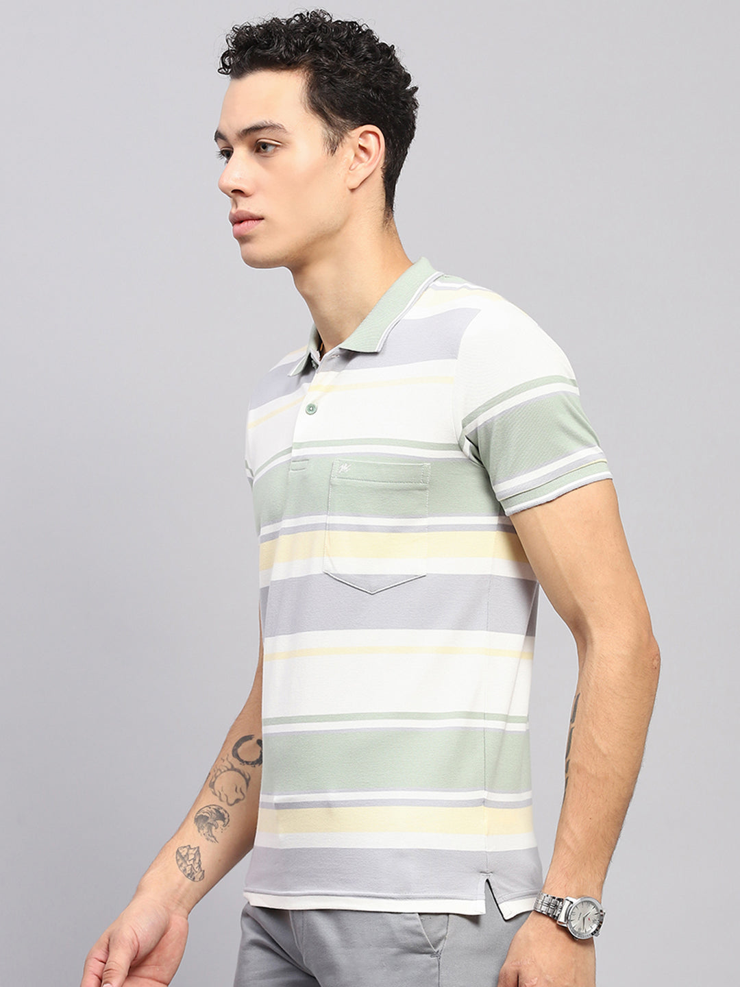 Men Green Stripe Collar Half Sleeve T-Shirt