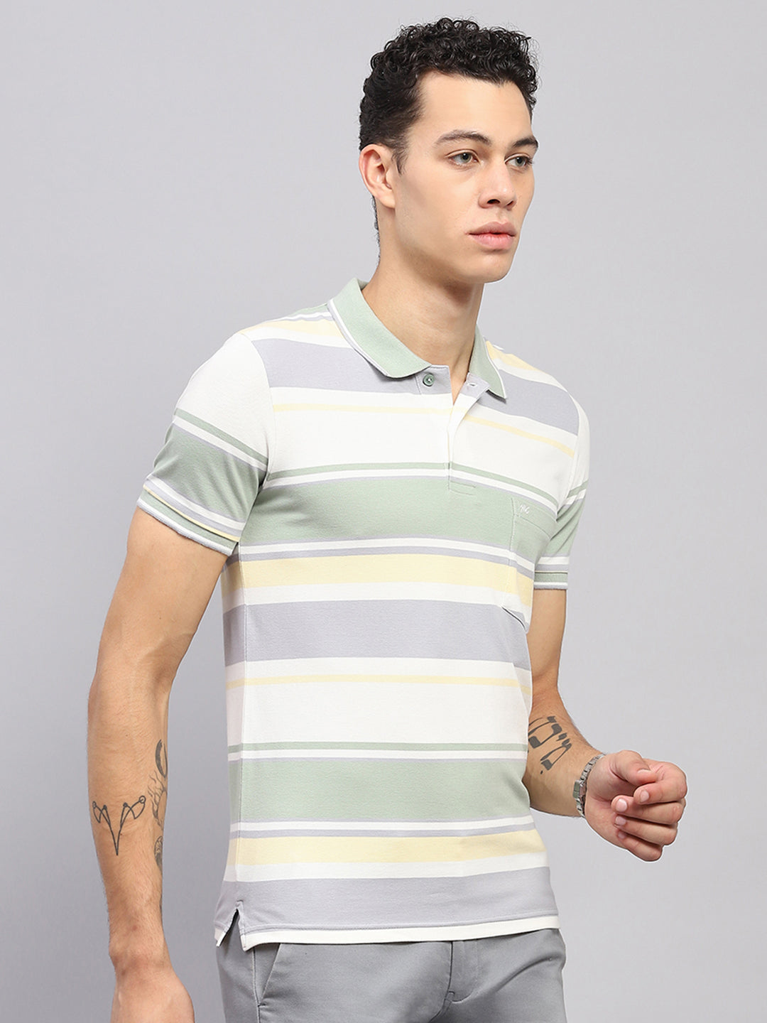 Men Green Stripe Collar Half Sleeve T-Shirt