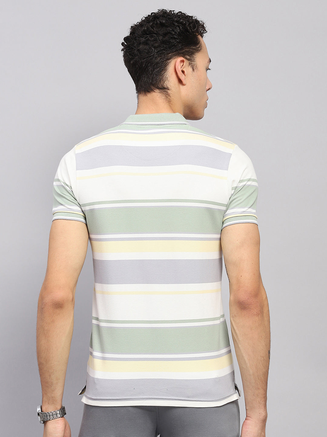 Men Green Stripe Collar Half Sleeve T-Shirt