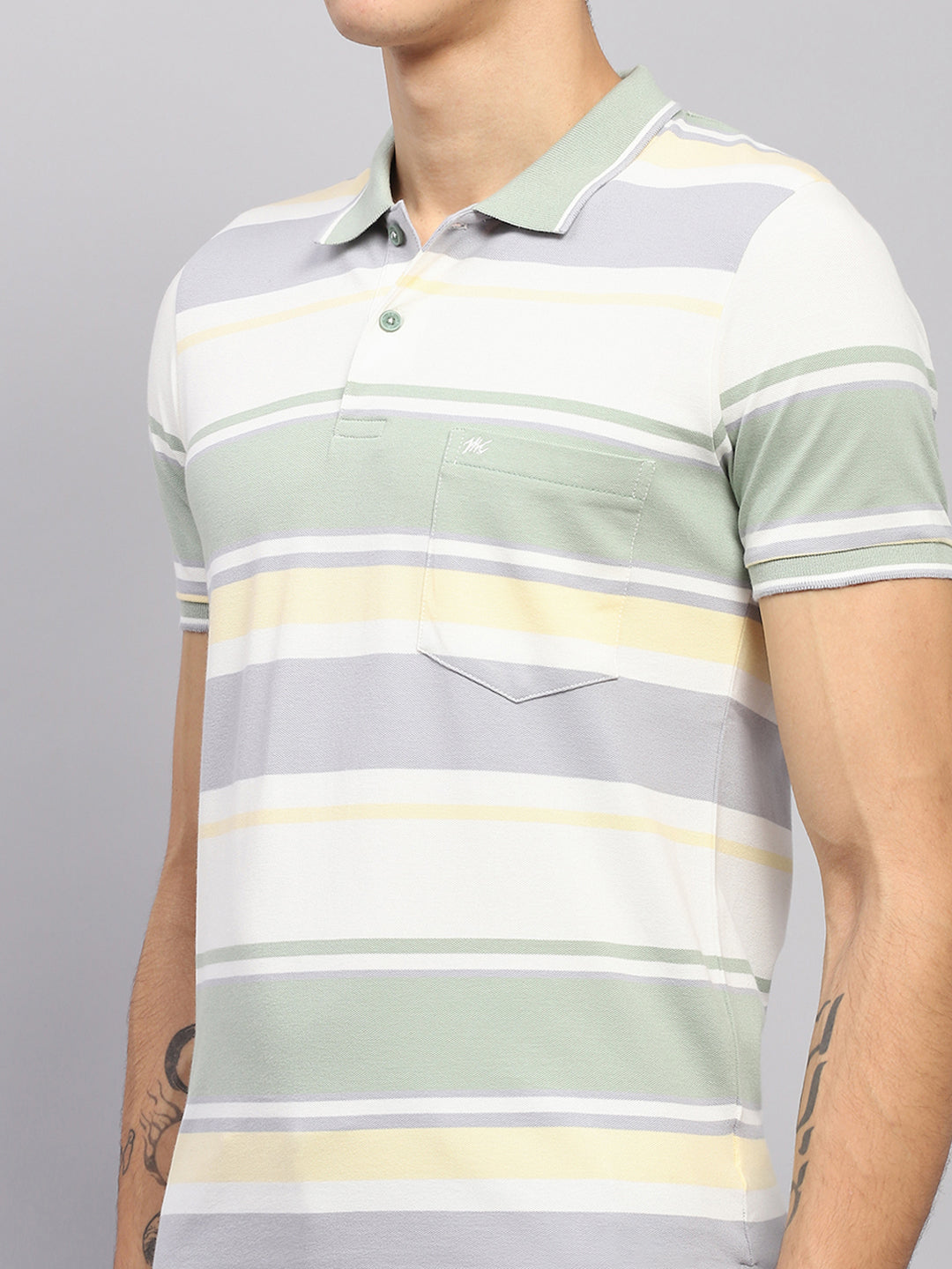 Men Green Stripe Collar Half Sleeve T-Shirt