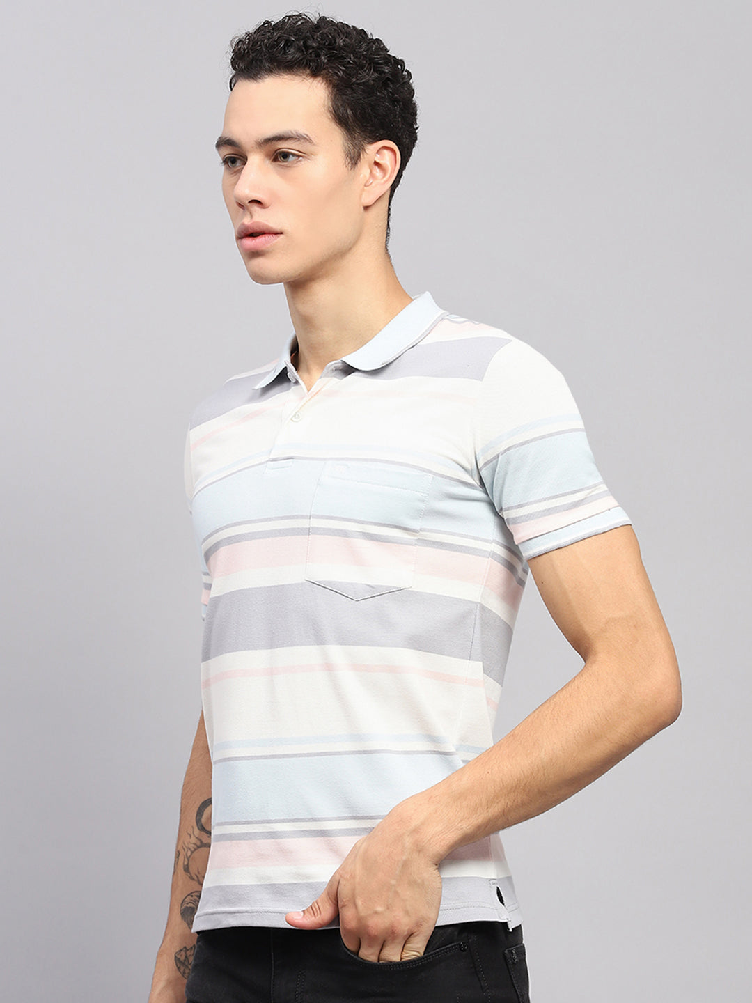 Men Blue & White Stripe Collar Half Sleeve T-Shirt