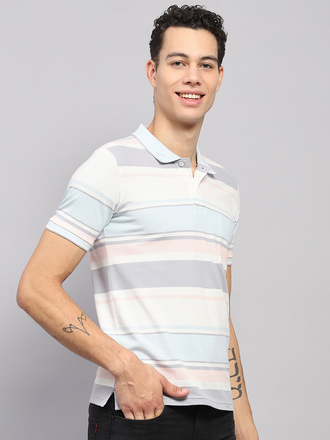 Men Blue & White Stripe Collar Half Sleeve T-Shirt