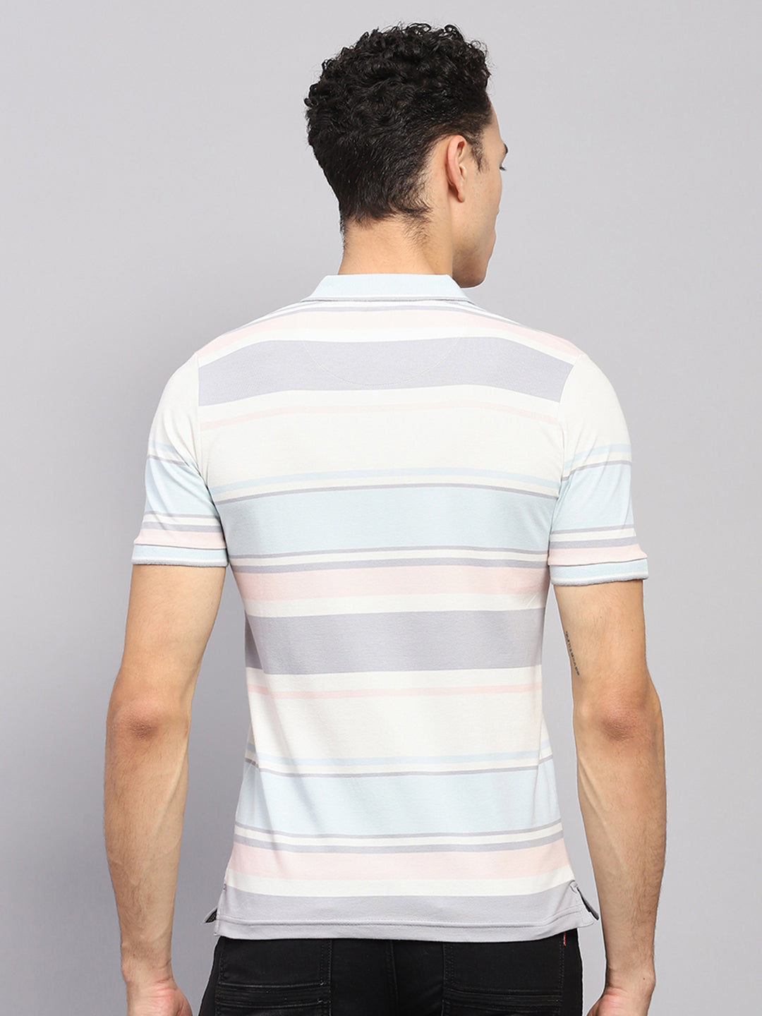 Men Blue & White Stripe Collar Half Sleeve T-Shirt