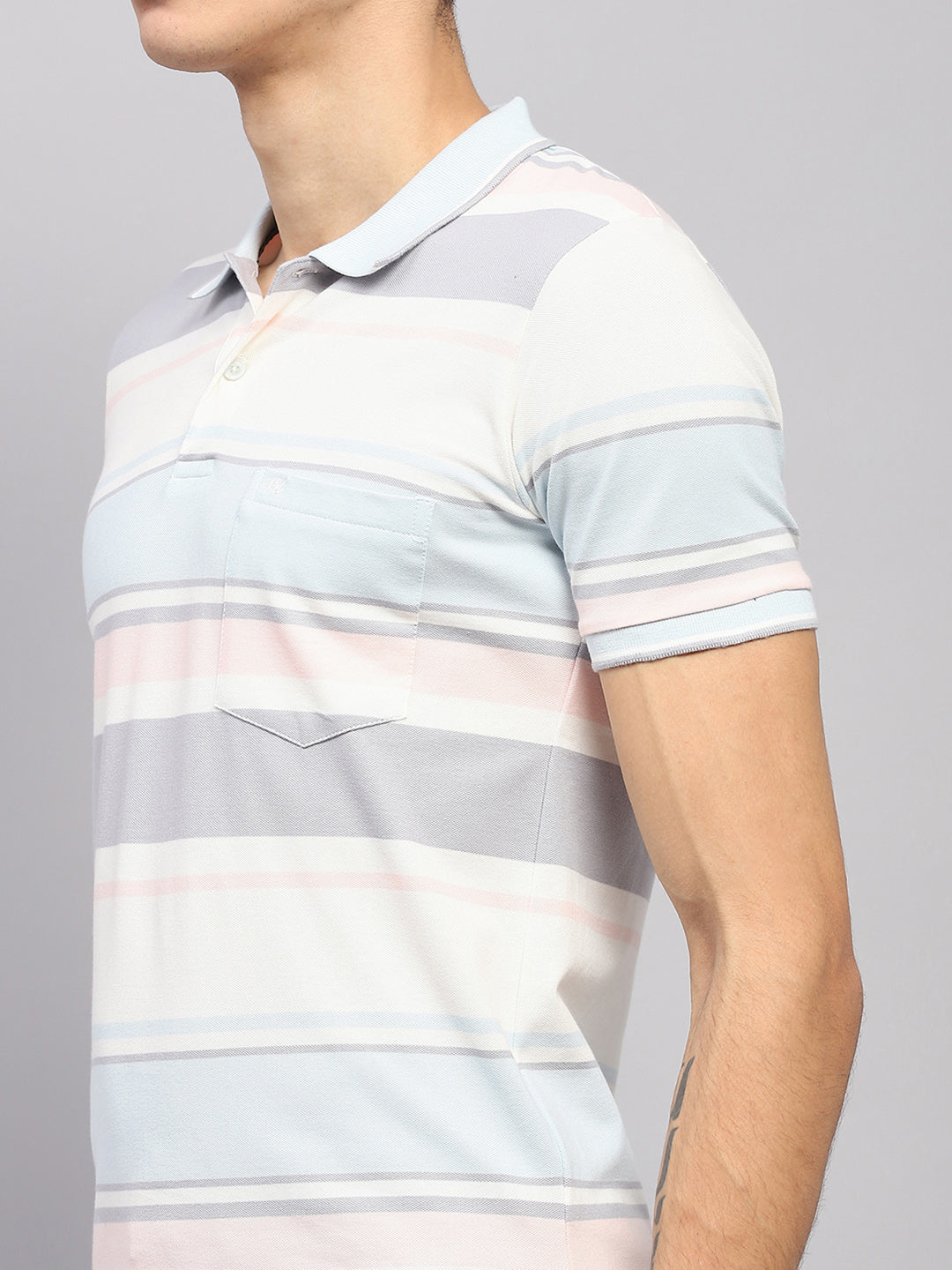 Men Blue & White Stripe Collar Half Sleeve T-Shirt