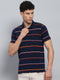 Men Navy Blue Stripe Collar Half Sleeve T-Shirt