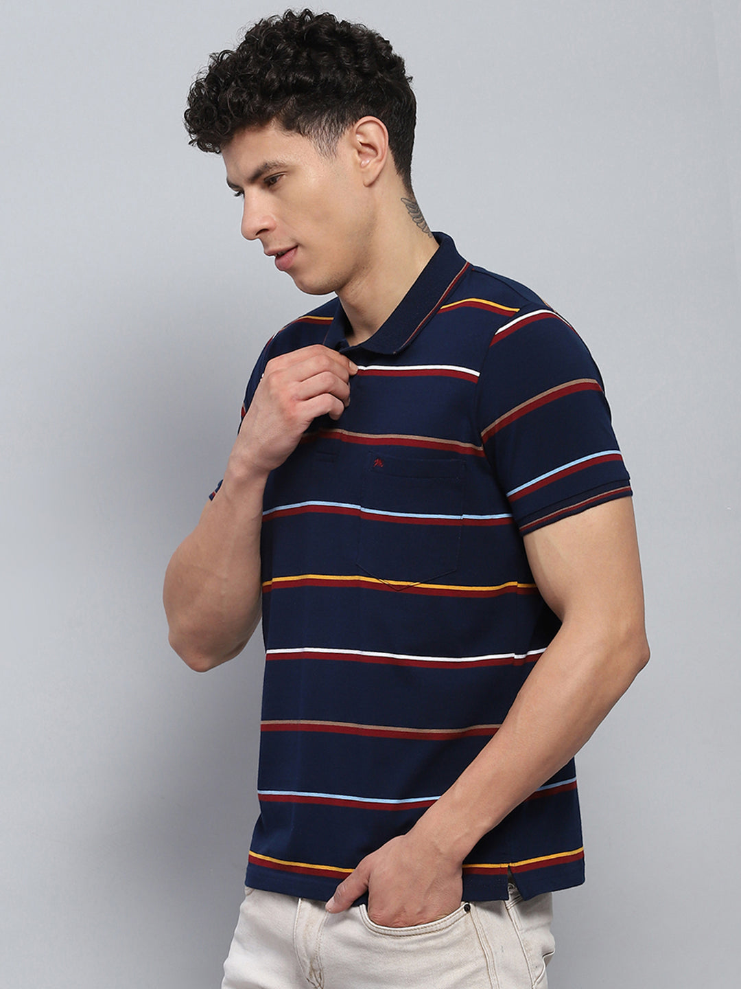 Men Navy Blue Stripe Collar Half Sleeve T-Shirt