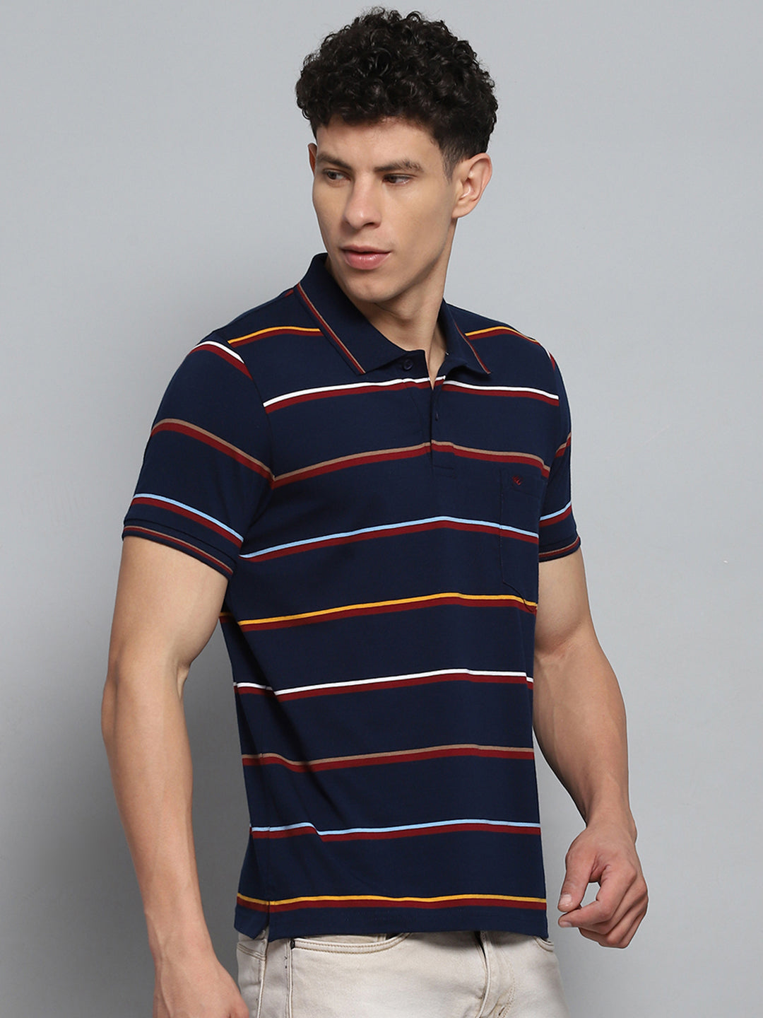 Men Navy Blue Stripe Collar Half Sleeve T-Shirt