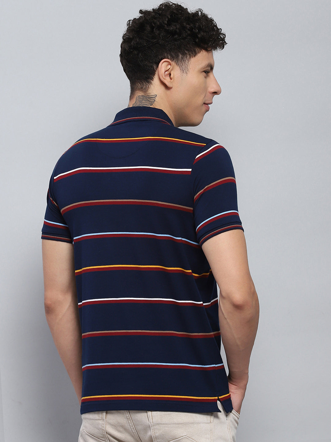 Men Navy Blue Stripe Collar Half Sleeve T-Shirt