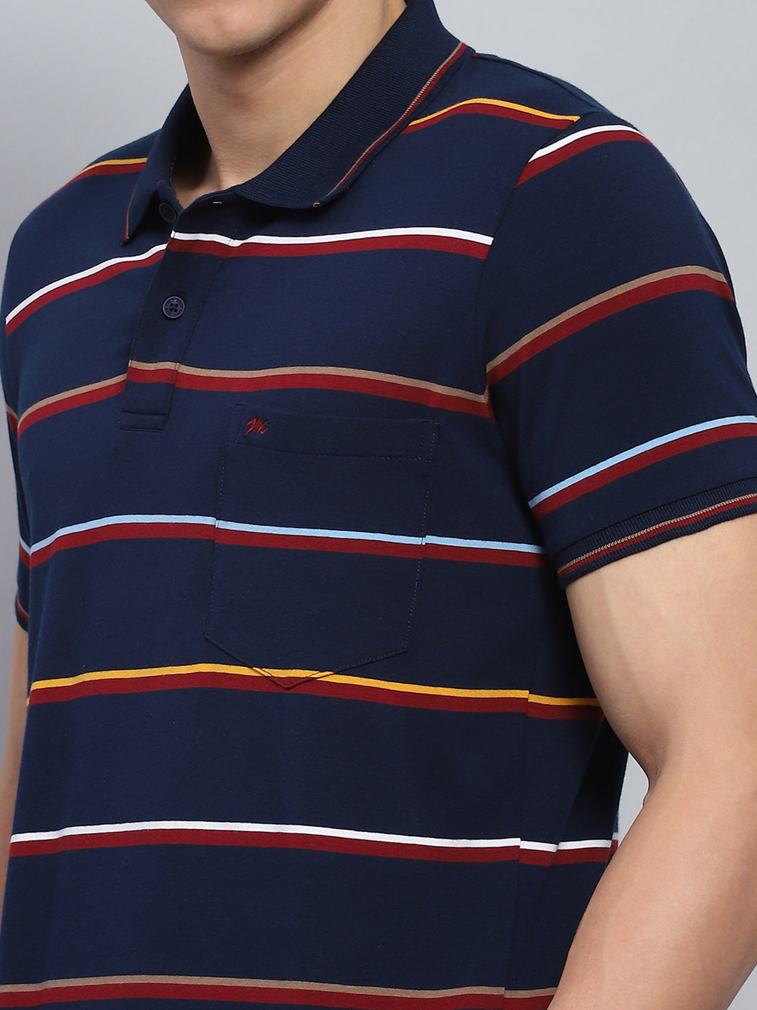 Men Navy Blue Stripe Collar Half Sleeve T-Shirt