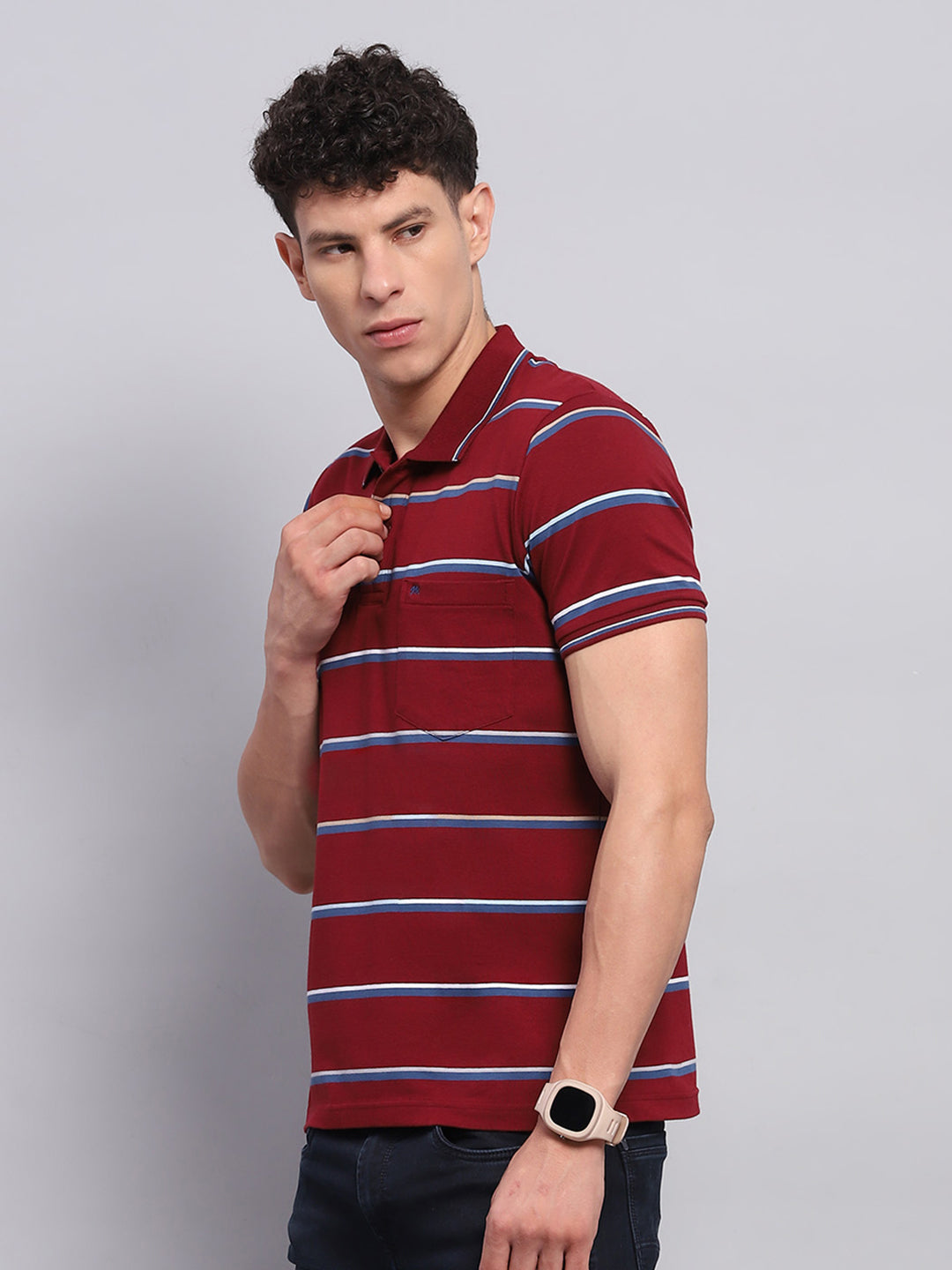 Men Maroon Stripe Collar Half Sleeve T-Shirt