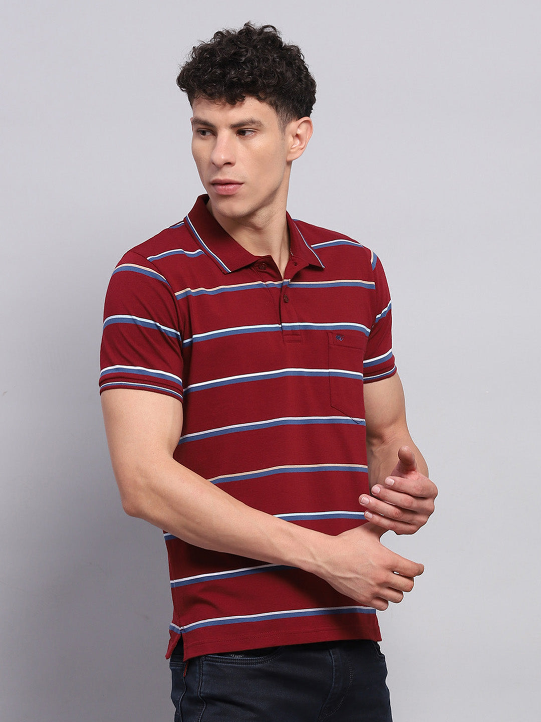 Men Maroon Stripe Collar Half Sleeve T-Shirt