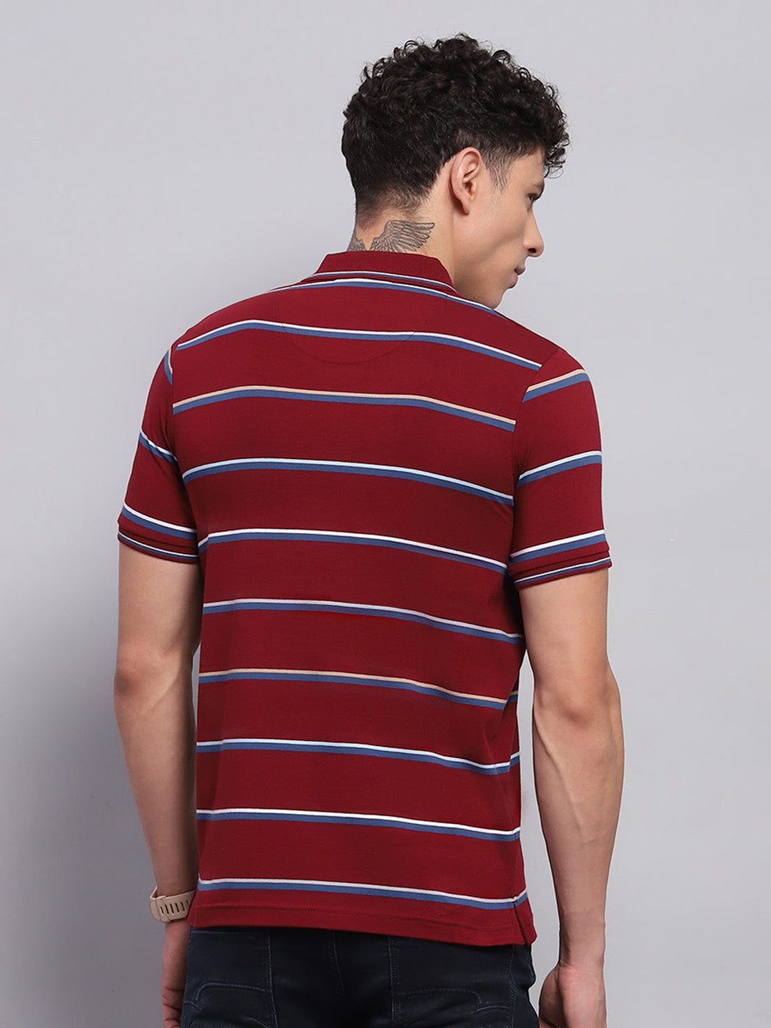 Men Maroon Stripe Collar Half Sleeve T-Shirt