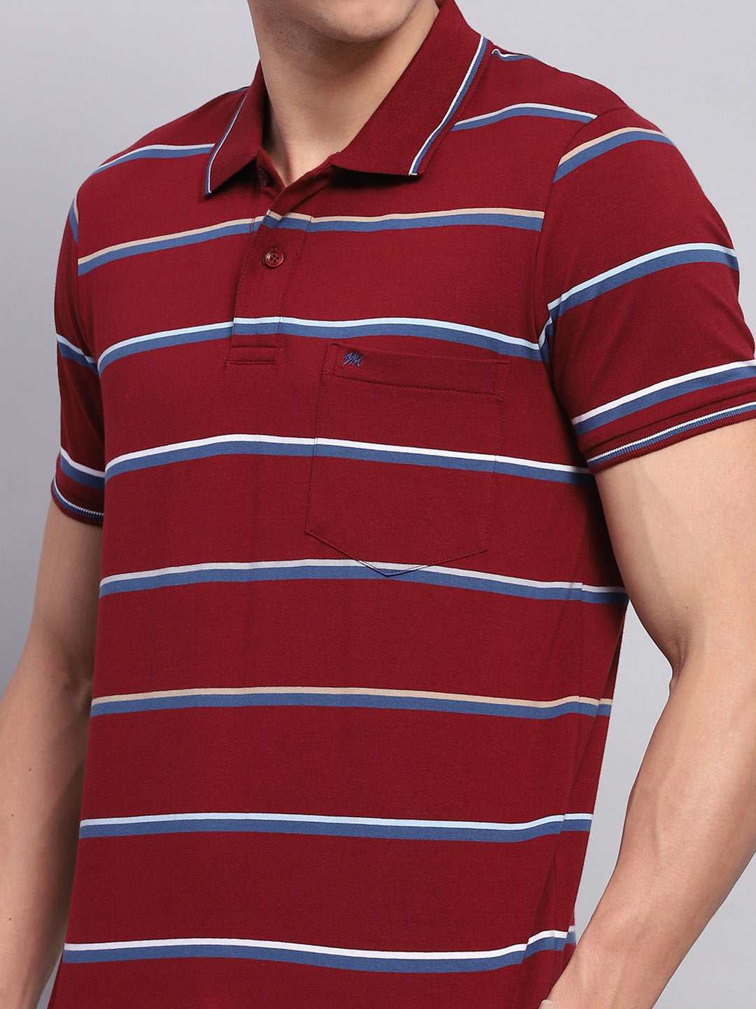 Men Maroon Stripe Collar Half Sleeve T-Shirt