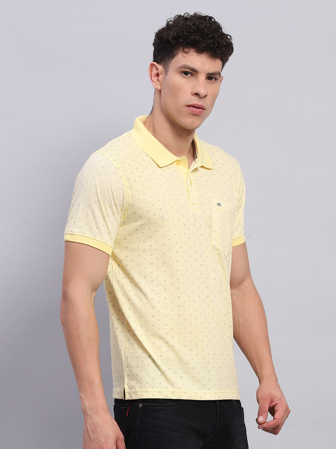 Men Yellow Printed Collar Half Sleeve T-Shirt