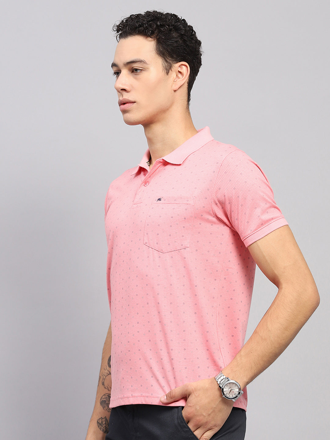 Men Pink Printed Collar Half Sleeve T-Shirt