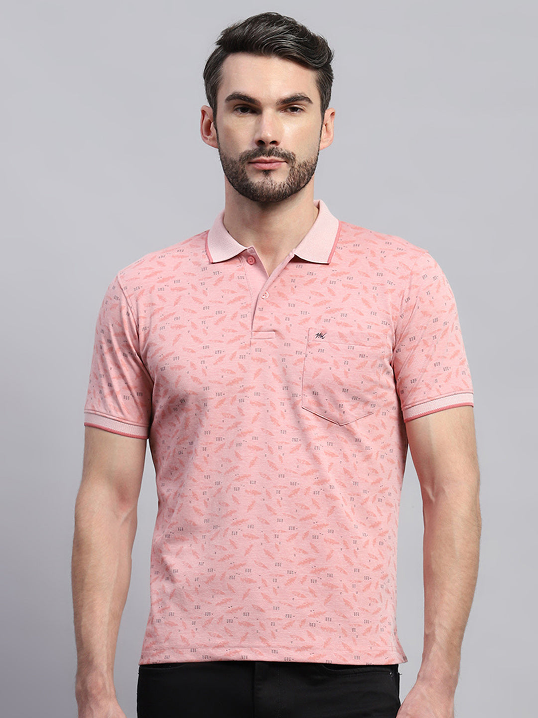 Men Pink Printed Collar Half Sleeve T-Shirt