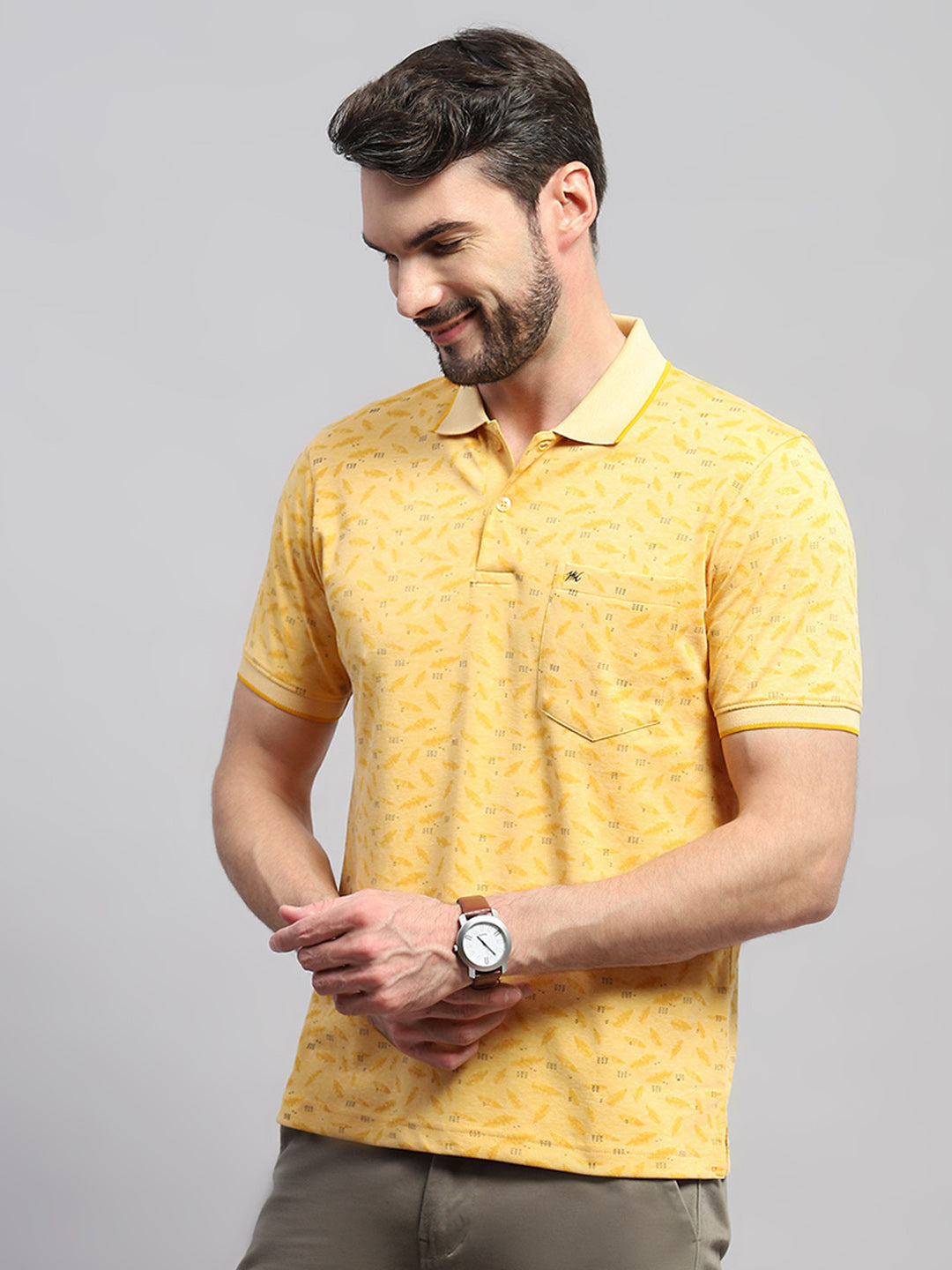 Men Yellow Printed Collar Half Sleeve T-Shirt