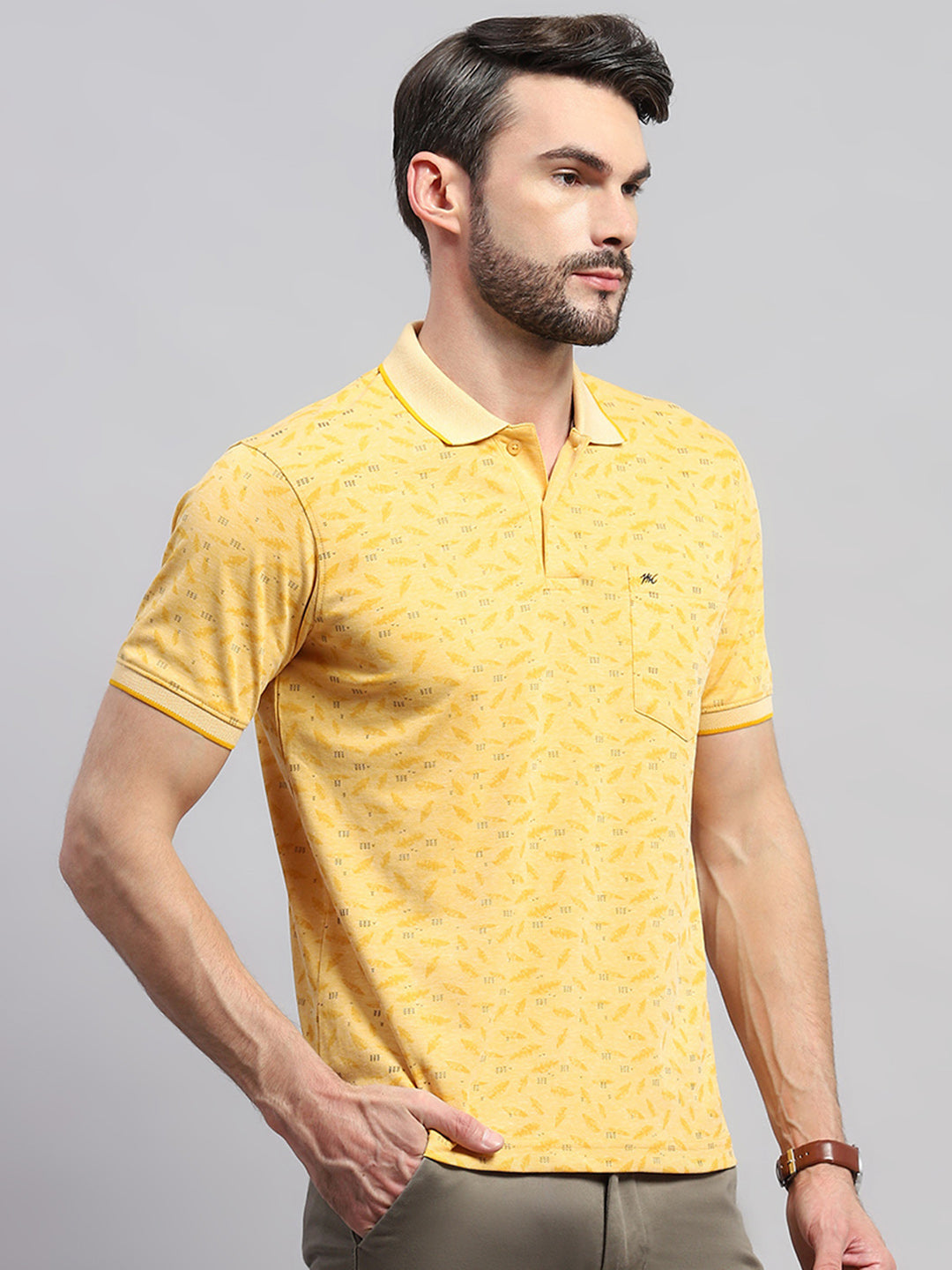 Men Yellow Printed Collar Half Sleeve T-Shirt