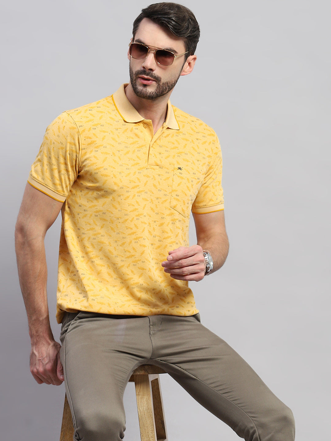 Men Yellow Printed Collar Half Sleeve T-Shirt