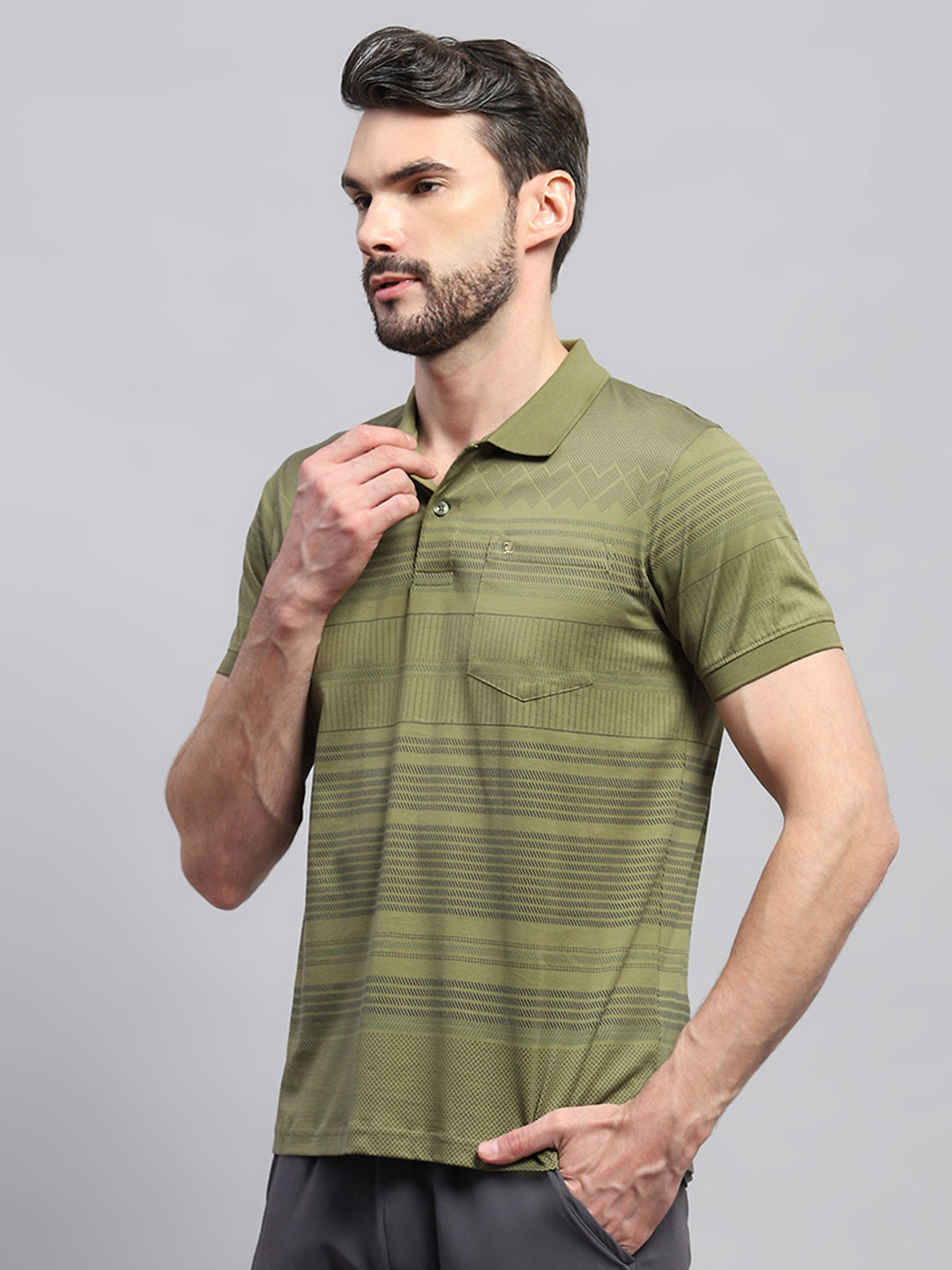 Men Olive Self Design Collar Half Sleeve T-Shirt