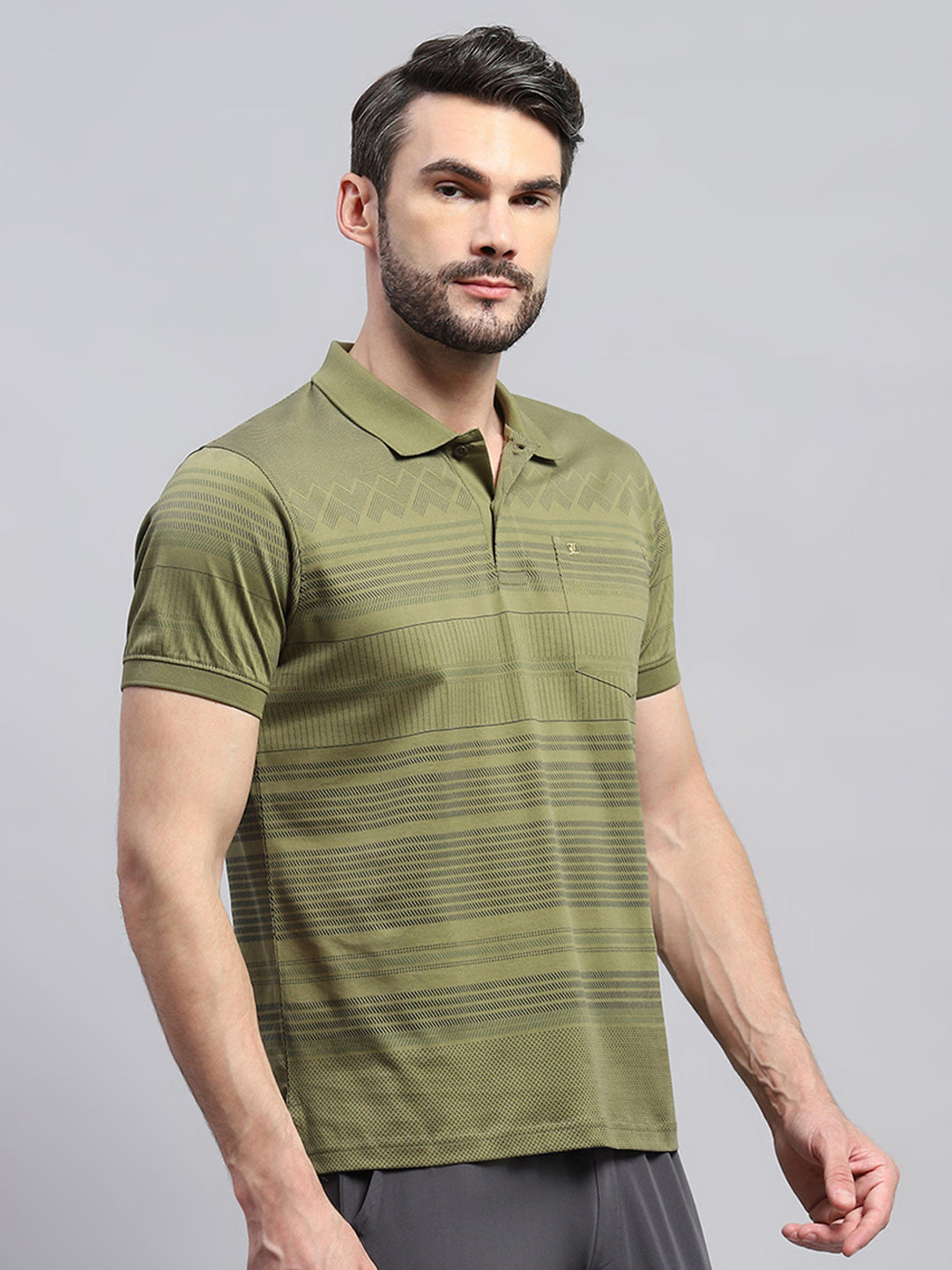 Men Olive Self Design Collar Half Sleeve T-Shirt