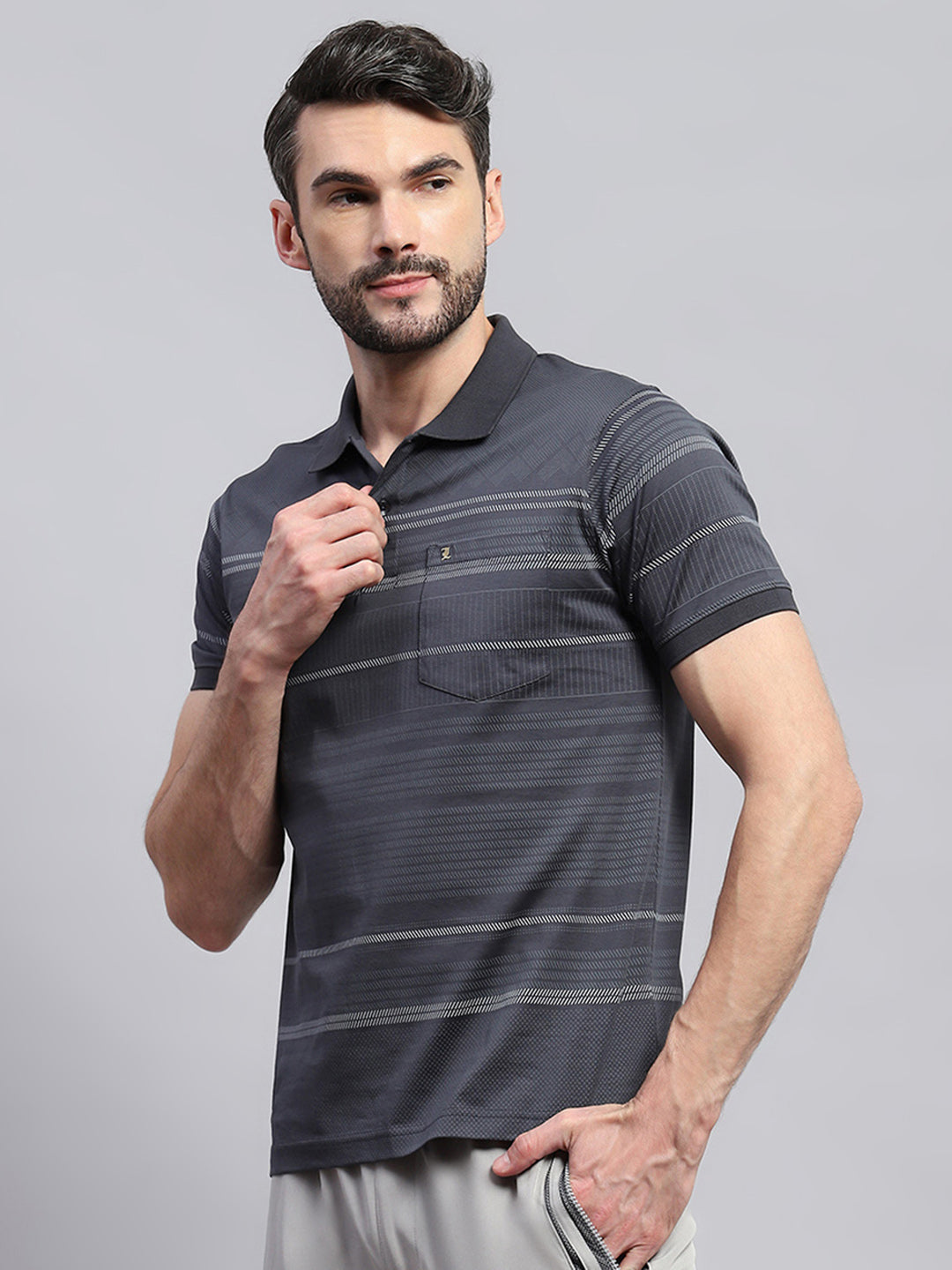 Men Grey Self Design Collar Half Sleeve T-Shirt