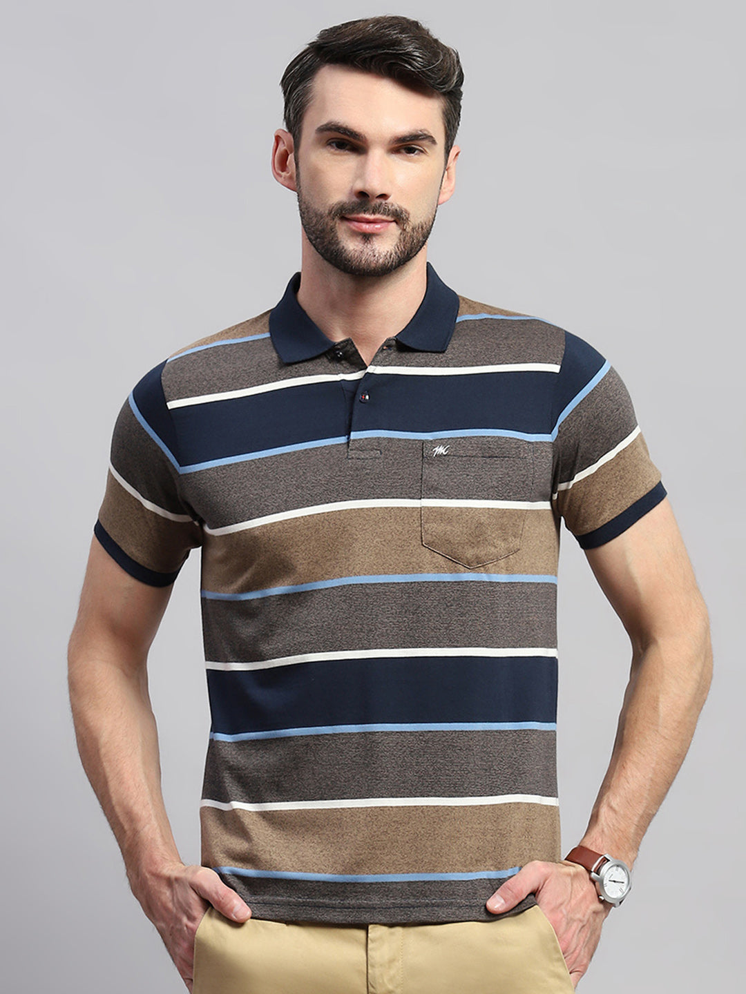 Men Brown & Blue Stripe Collar Half Sleeve T-Shirt