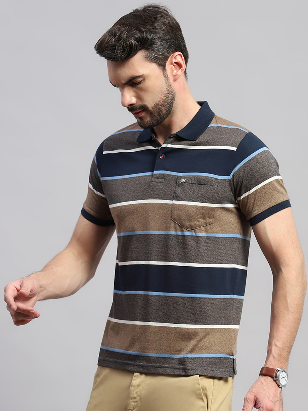 Men Brown & Blue Stripe Collar Half Sleeve T-Shirt