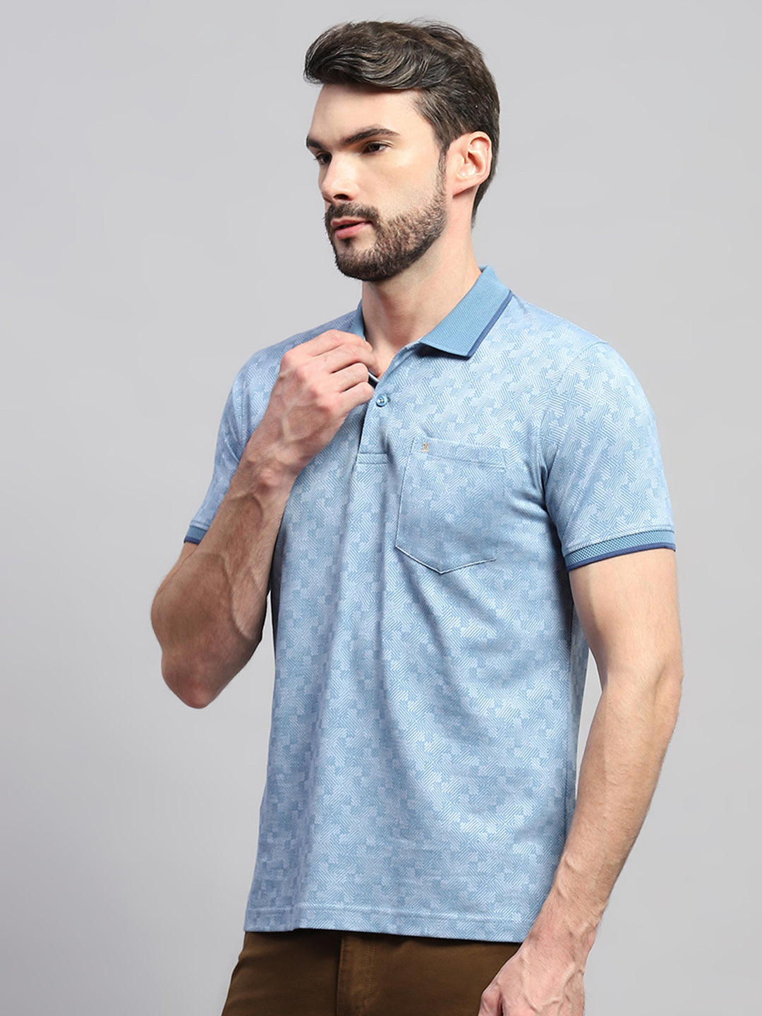 Men Blue Self Design Collar Half Sleeve T-Shirt