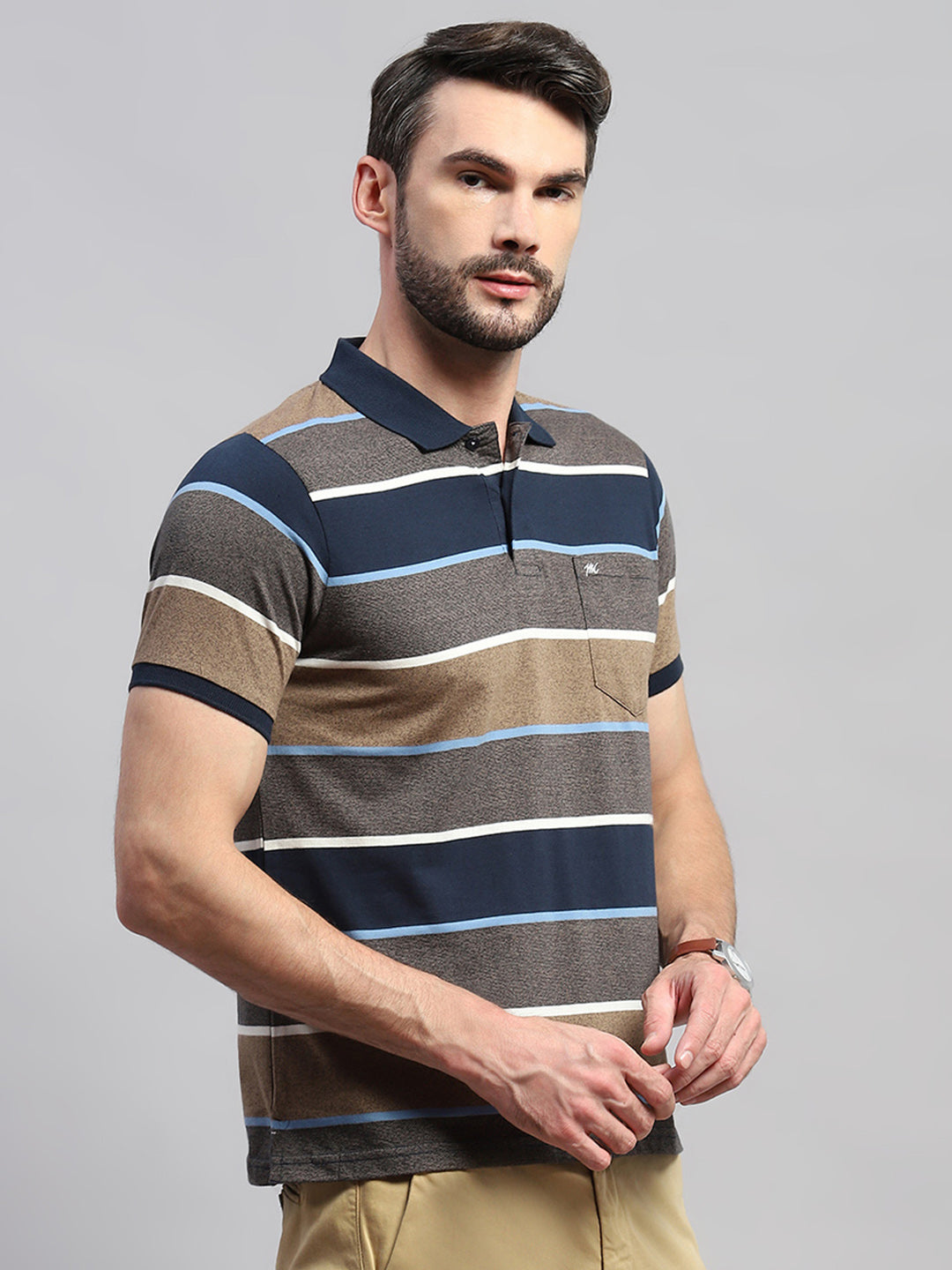 Men Brown & Blue Stripe Collar Half Sleeve T-Shirt