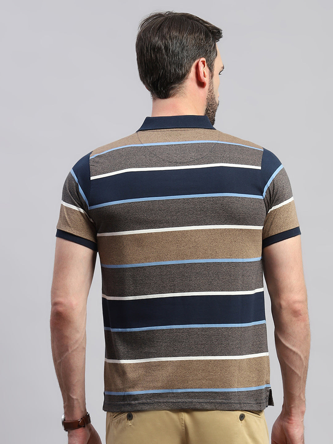 Men Brown & Blue Stripe Collar Half Sleeve T-Shirt