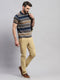 Men Brown & Blue Stripe Collar Half Sleeve T-Shirt