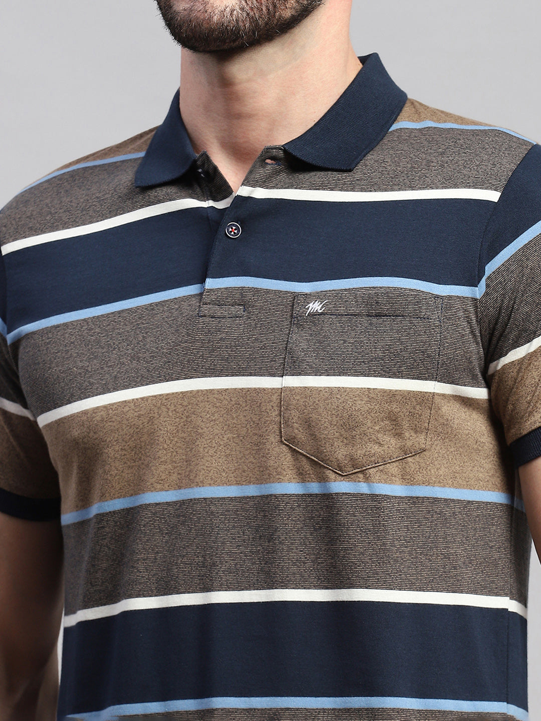 Men Brown & Blue Stripe Collar Half Sleeve T-Shirt