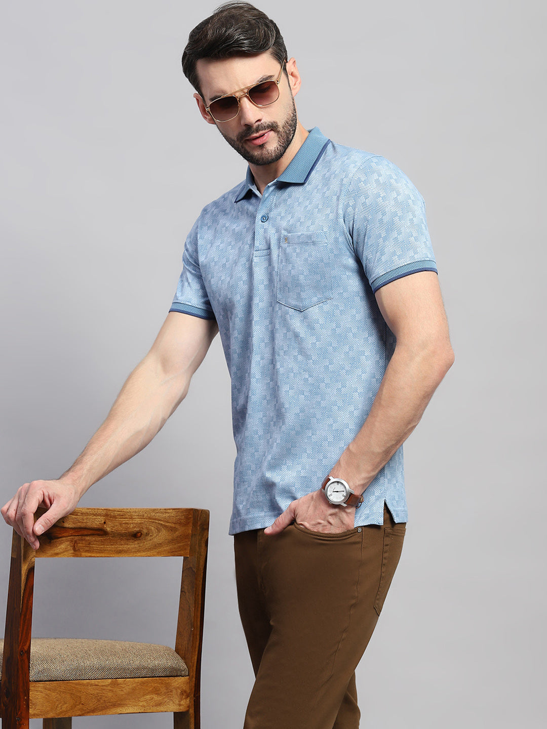 Men Blue Self Design Collar Half Sleeve T-Shirt