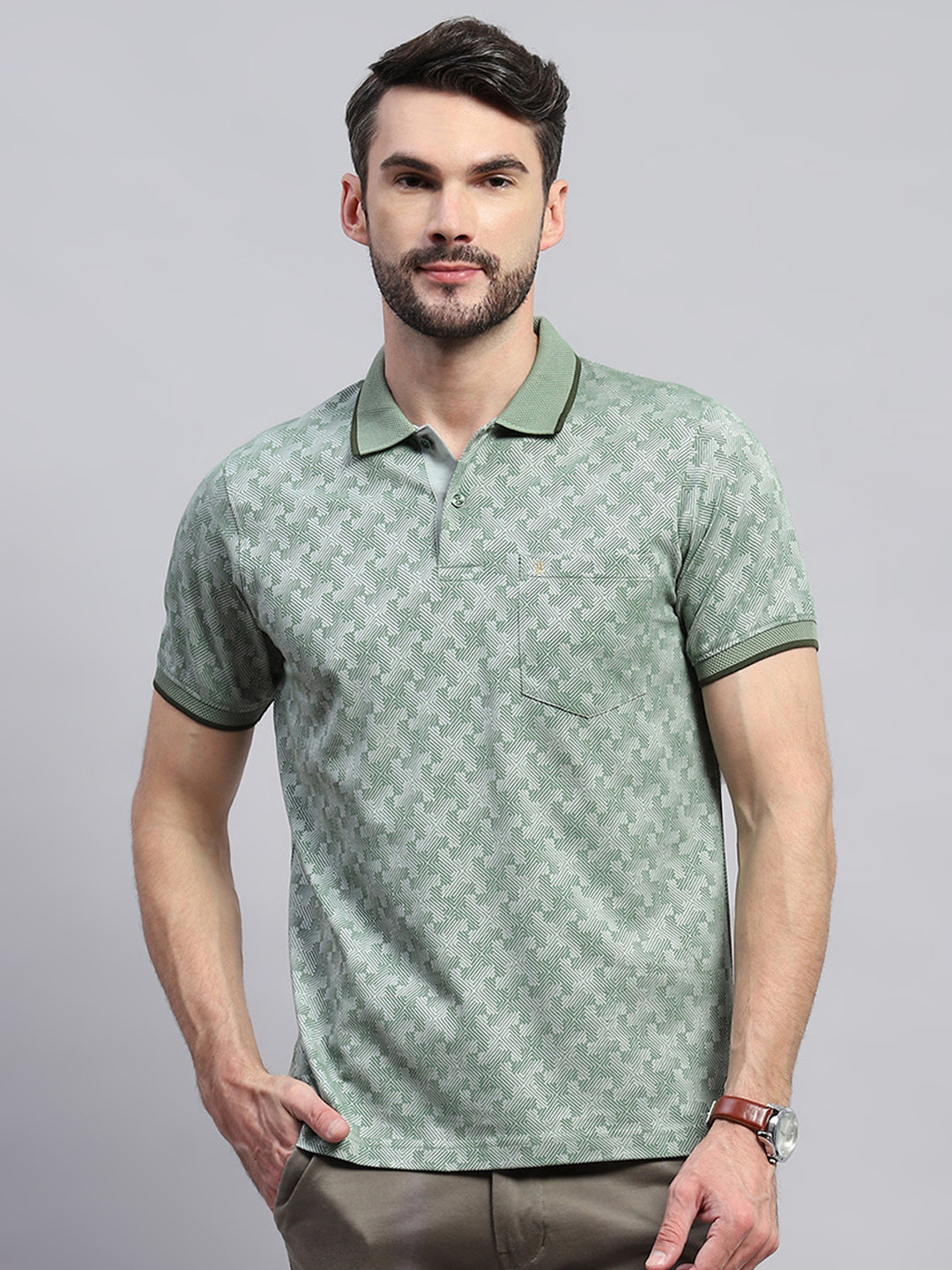 Men Green Self Design Collar Half Sleeve T-Shirt