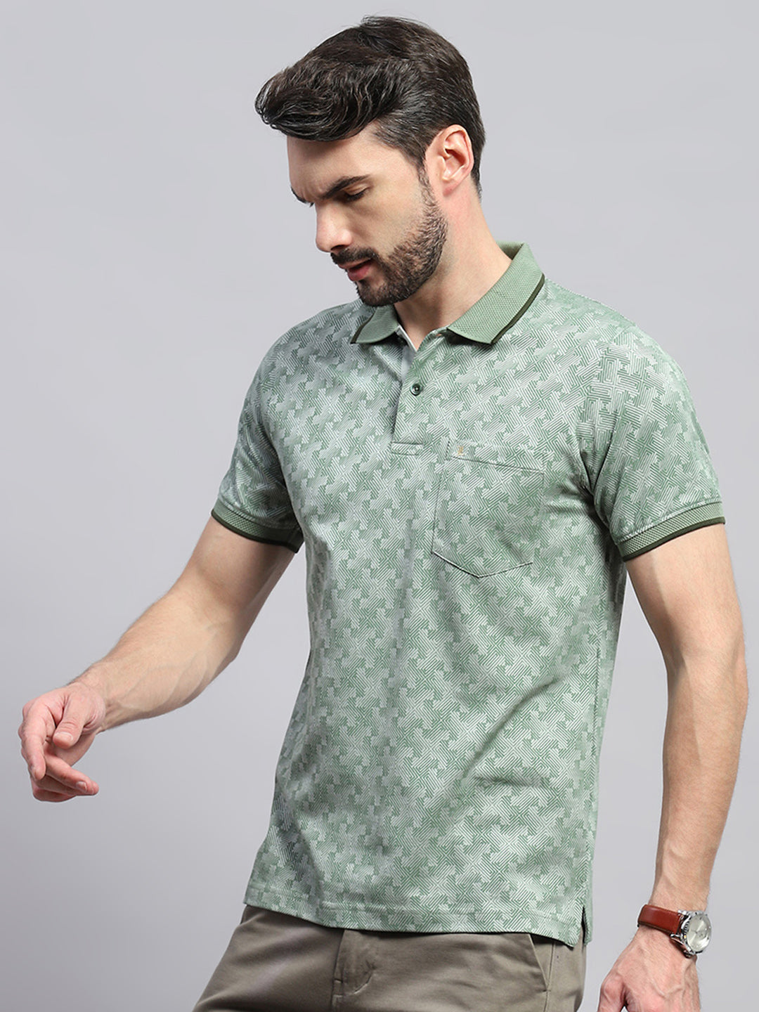 Men Green Self Design Collar Half Sleeve T-Shirt