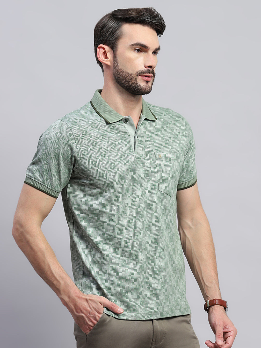 Men Green Self Design Collar Half Sleeve T-Shirt