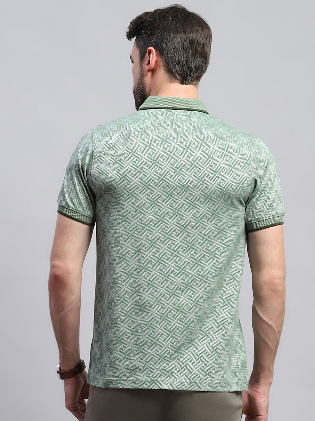 Men Green Self Design Collar Half Sleeve T-Shirt