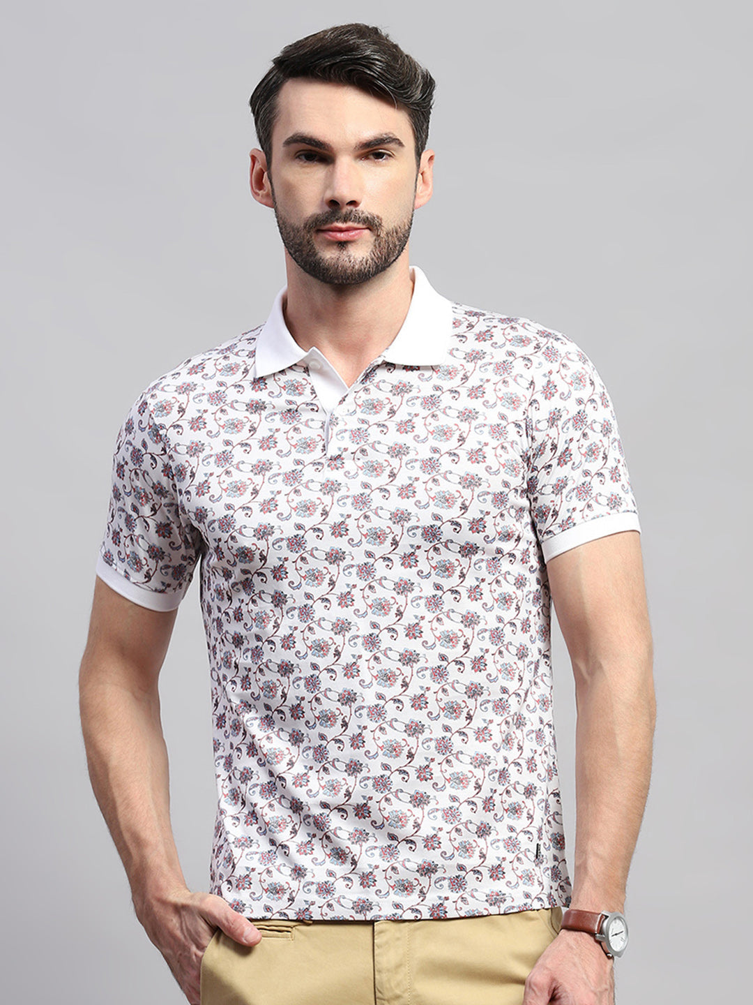 Men White Printed Collar Half Sleeve T-Shirt