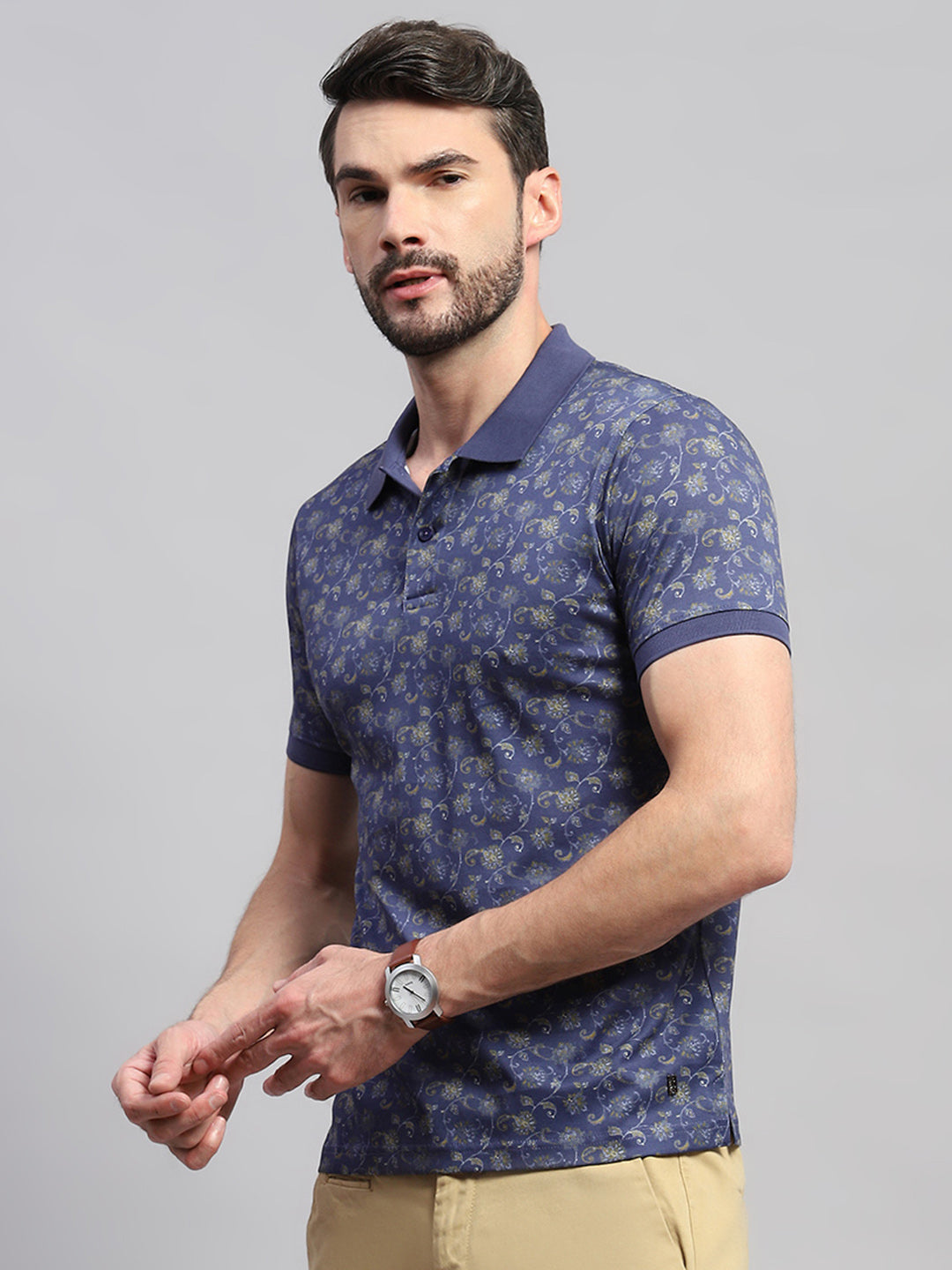 Men Blue Printed Collar Half Sleeve T-Shirt