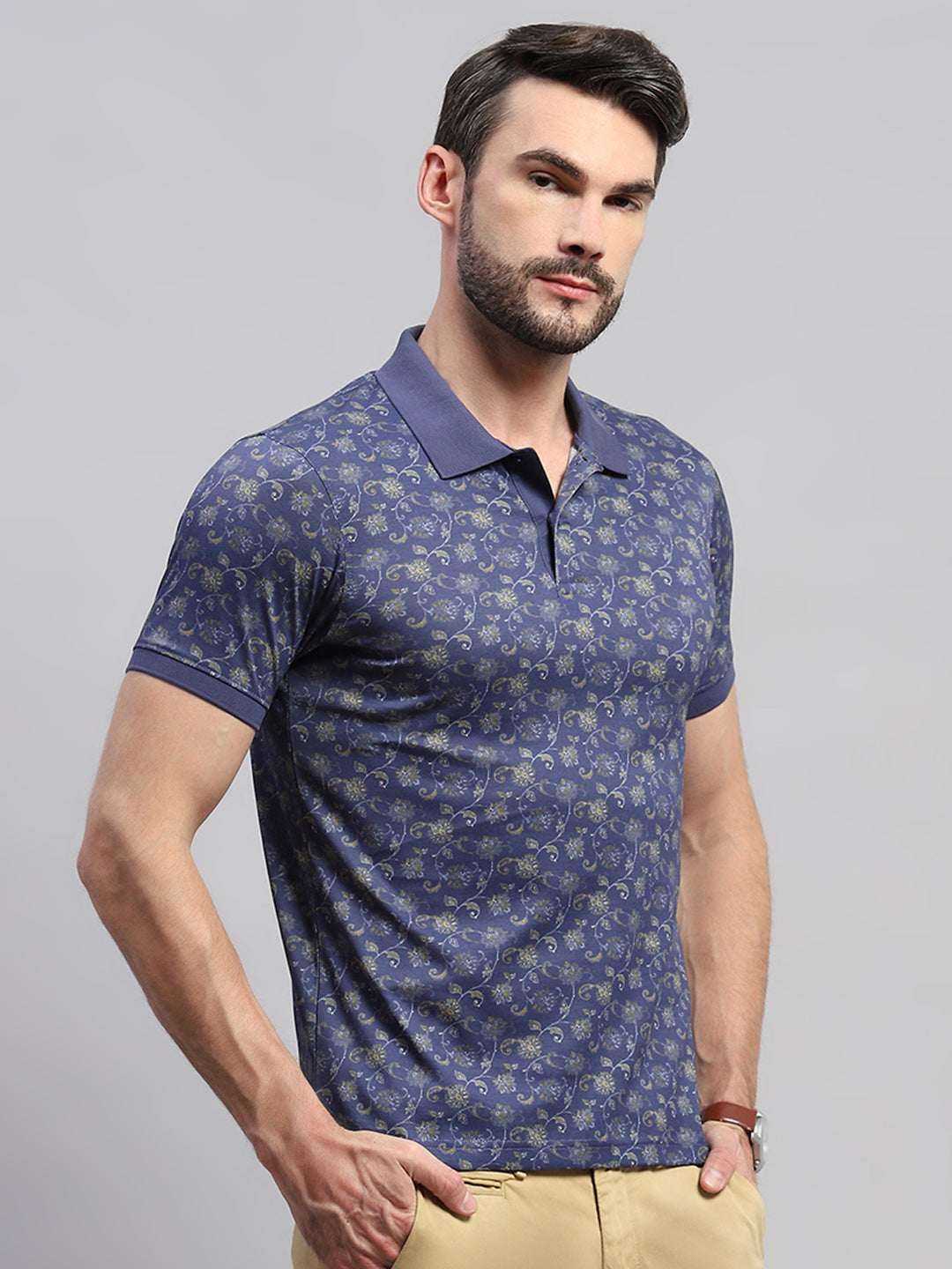 Men Blue Printed Collar Half Sleeve T-Shirt