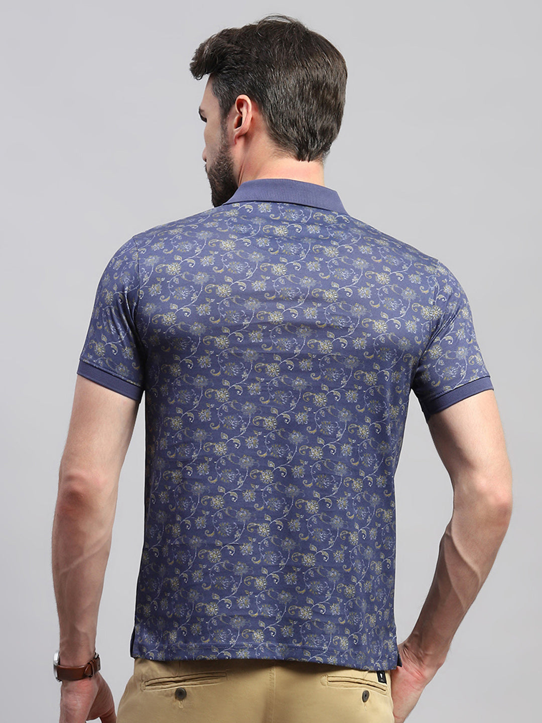 Men Blue Printed Collar Half Sleeve T-Shirt