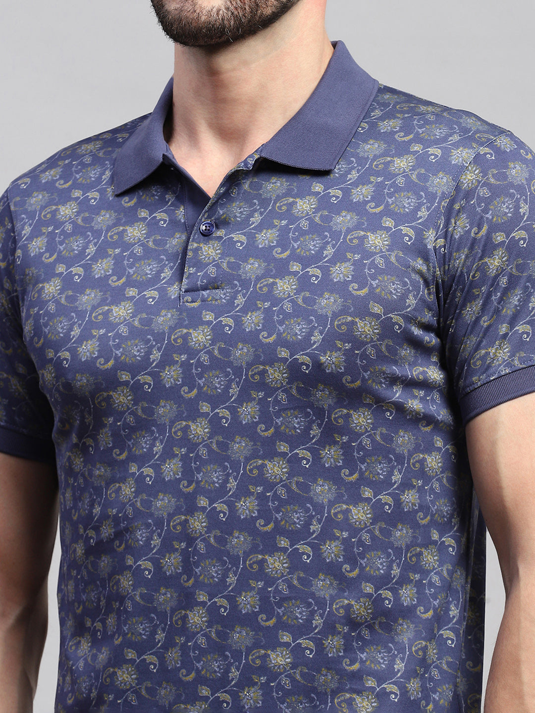 Men Blue Printed Collar Half Sleeve T-Shirt