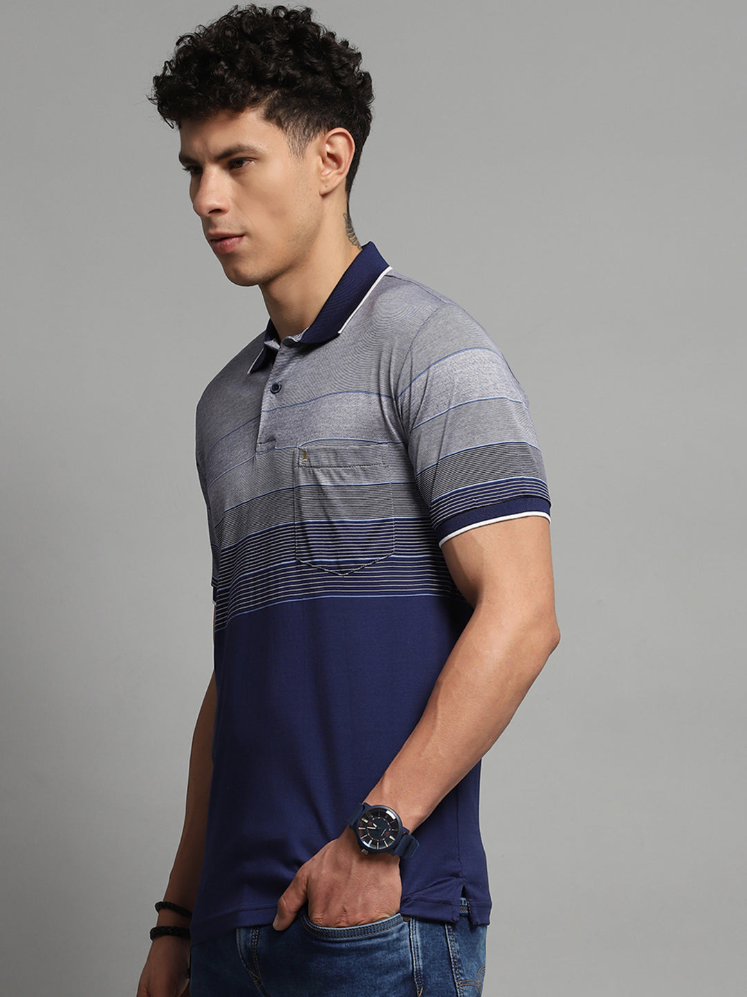 Men Navy Blue Stripe Collar Half Sleeve T-Shirt