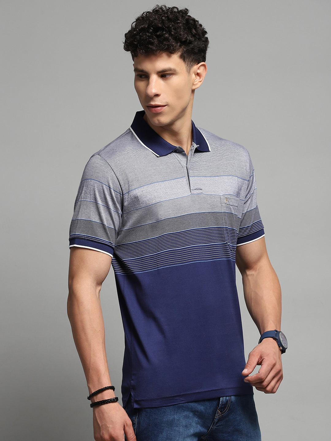 Men Navy Blue Stripe Collar Half Sleeve T-Shirt