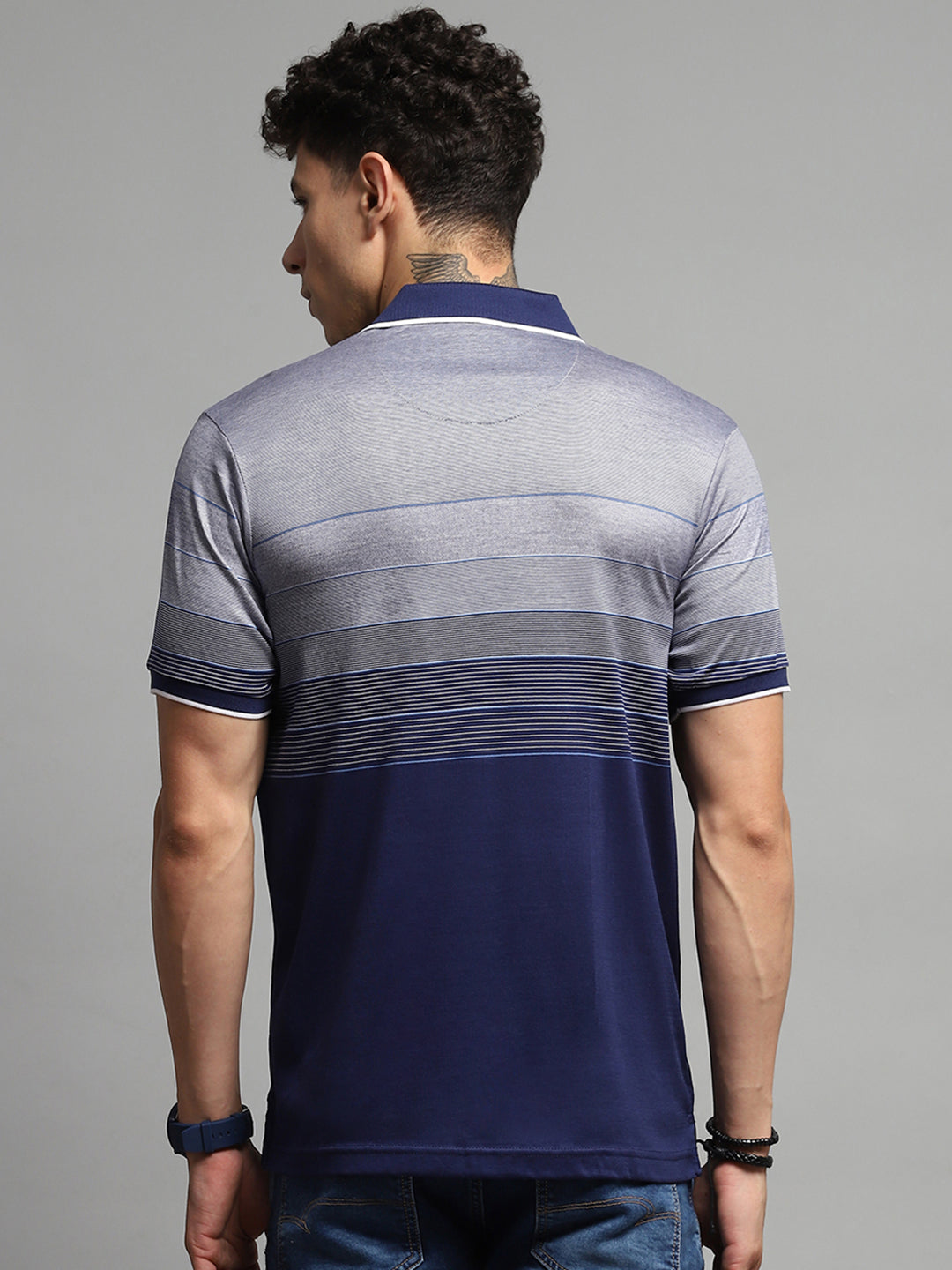 Men Navy Blue Stripe Collar Half Sleeve T-Shirt