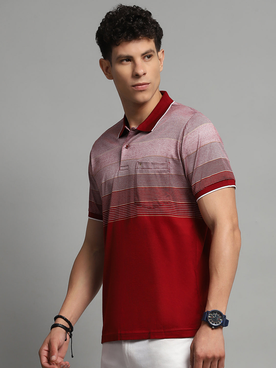 Men Maroon Stripe Collar Half Sleeve T-Shirt