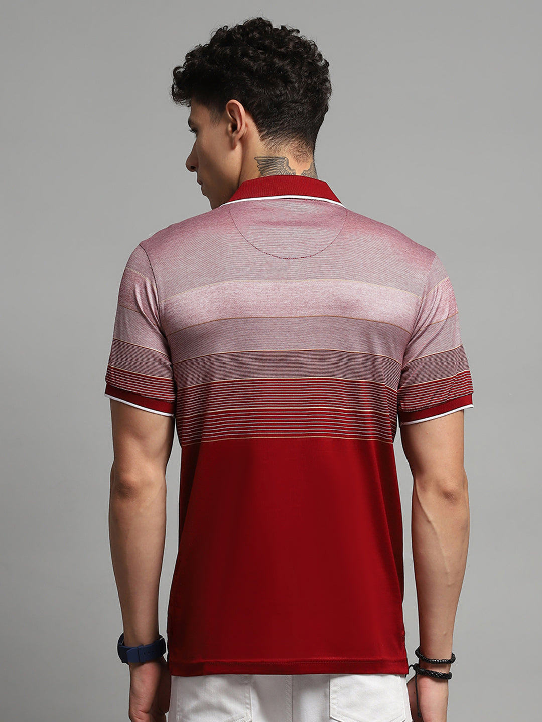 Men Maroon Stripe Collar Half Sleeve T-Shirt