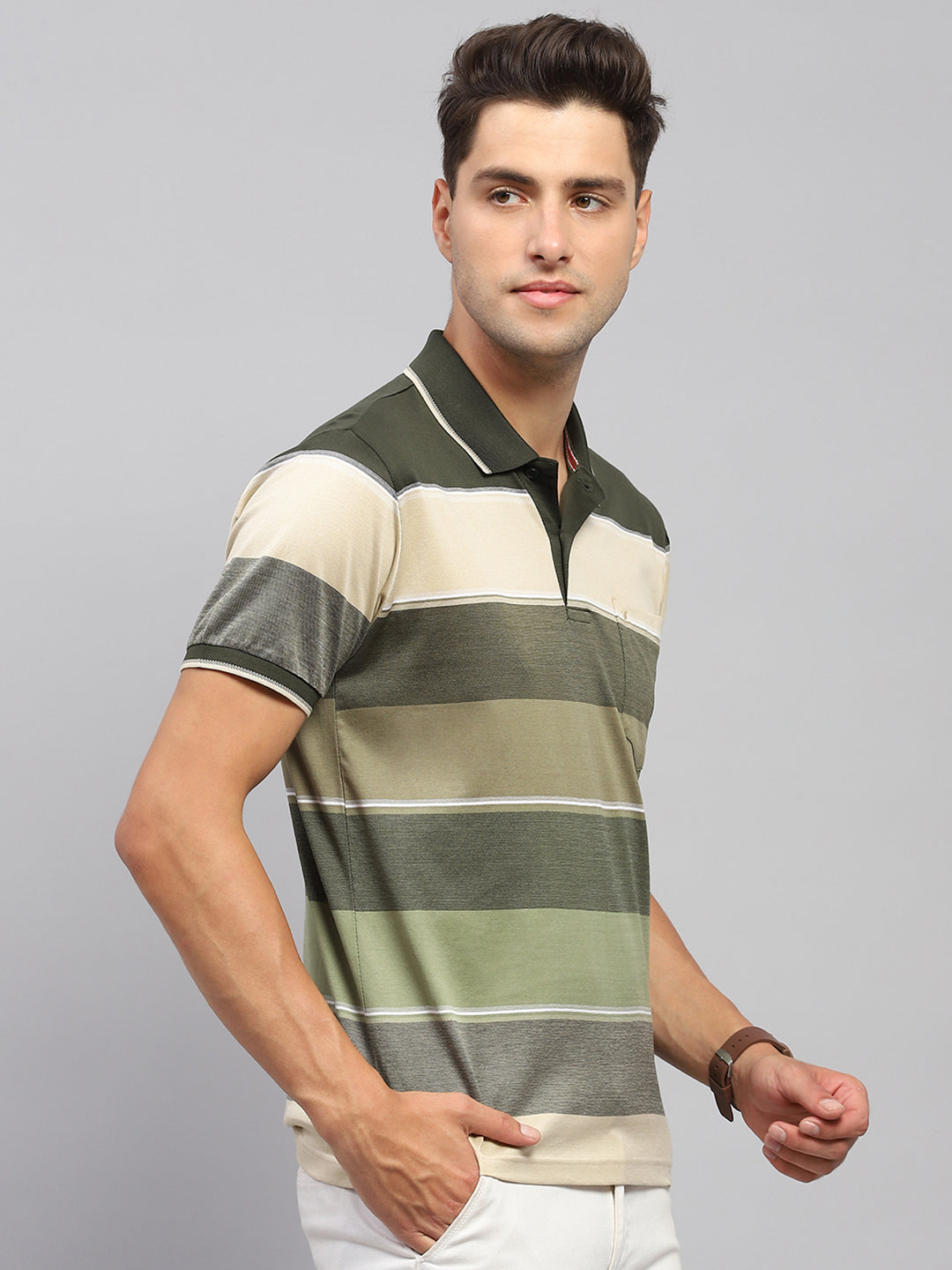 Men Olive Stripe Collar Half Sleeve T-Shirt