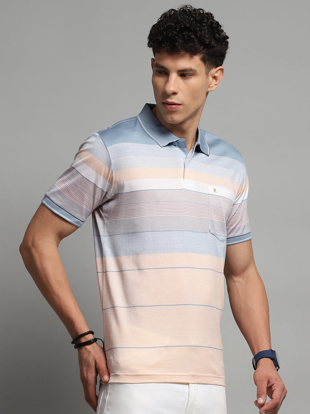 Men Blue Stripe Collar Half Sleeve T-Shirt